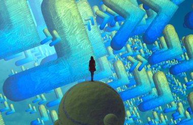 Soyut renkli arka plan, hayal gücü kavramı insan silueti.