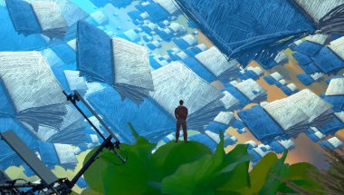 Soyut renkli arka plan, hayal gücü kavramı insan silueti.