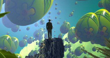 Soyut renkli arka plan, hayal gücü kavramı insan silueti.