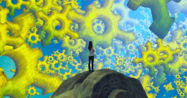 Soyut renkli arka plan, hayal gücü kavramı insan silueti.