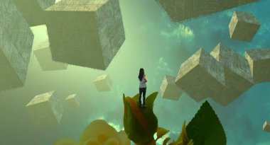 Soyut renkli arka plan, hayal gücü kavramı insan silueti.