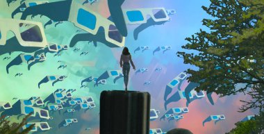 Soyut renkli arka plan, hayal gücü kavramı insan silueti.