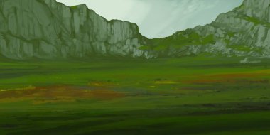 Guaj veya akrilik boyalar ile çizim dağların Manzara