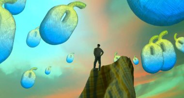 Soyut renkli arka plan, hayal gücü kavramı insan silueti.