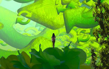 Soyut renkli arka plan, hayal gücü kavramı insan silueti.