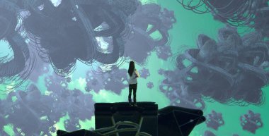 Soyut renkli arka plan, hayal gücü kavramı insan silueti.