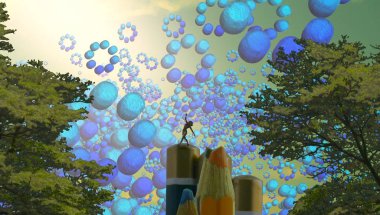 Soyut renkli arka plan, hayal gücü kavramı insan silueti.