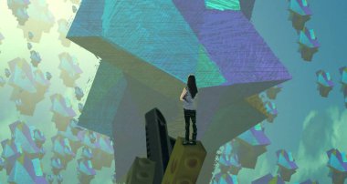 Soyut renkli arka plan, hayal gücü kavramı insan silueti.