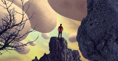 Soyut renkli arka plan, hayal gücü kavramı insan silueti.