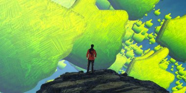 Soyut renkli arka plan, hayal gücü kavramı insan silueti.