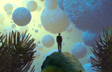 Soyut renkli arka plan, hayal gücü kavramı insan silueti.