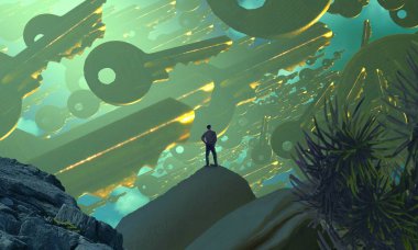 Soyut renkli arka plan, hayal gücü kavramı insan silueti.