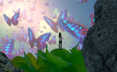 Soyut renkli arka plan, hayal gücü kavramı insan silueti.