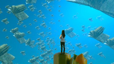 Soyut renkli arka plan, hayal gücü kavramı insan silueti.