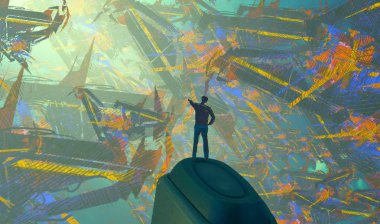 Soyut renkli arka plan, hayal gücü kavramı insan silueti.