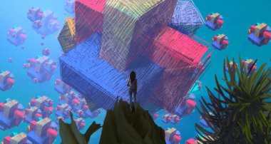 Soyut renkli arka plan, hayal gücü kavramı insan silueti.