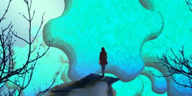 Soyut renkli arka plan, hayal gücü kavramı insan silueti.