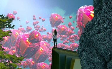 Soyut renkli arka plan, hayal gücü kavramı insan silueti.