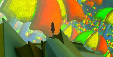 Soyut renkli arka plan, hayal gücü kavramı insan silueti.