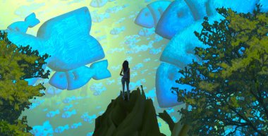 Soyut renkli arka plan, hayal gücü kavramı insan silueti.