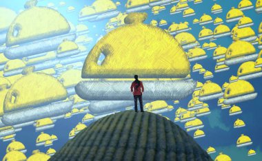 Soyut renkli arka plan, hayal gücü kavramı insan silueti.