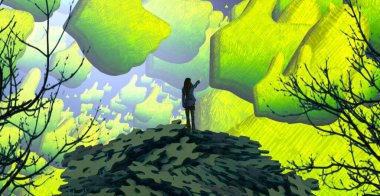 Soyut renkli arka plan, hayal gücü kavramı insan silueti.