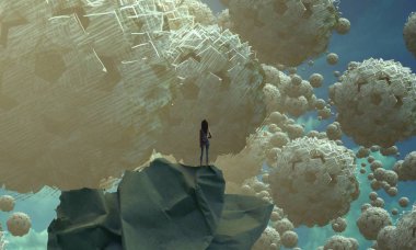 Soyut renkli arka plan, hayal gücü kavramı insan silueti.