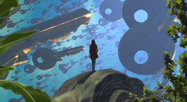 Soyut renkli arka plan, hayal gücü kavramı insan silueti.