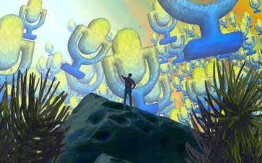 Soyut renkli arka plan, hayal gücü kavramı insan silueti.