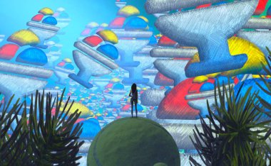 Soyut renkli arka plan, hayal gücü kavramı insan silueti.