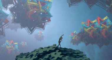 Soyut renkli arka plan, hayal gücü kavramı insan silueti.