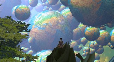 Soyut renkli arka plan, hayal gücü kavramı insan silueti.