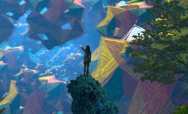 Soyut renkli arka plan, hayal gücü kavramı insan silueti.