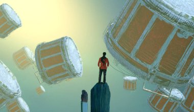 Soyut renkli arka plan, hayal gücü kavramı insan silueti.