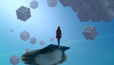 Soyut renkli arka plan, hayal gücü kavramı insan silueti.