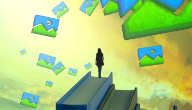 Soyut renkli arka plan, hayal gücü kavramı insan silueti.