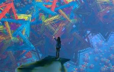 Soyut renkli arka plan, hayal gücü kavramı insan silueti.