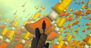 Soyut renkli arka plan, hayal gücü kavramı insan silueti.