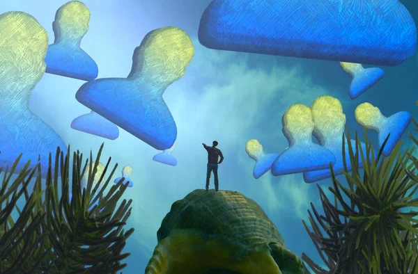 Soyut renkli arka plan, hayal gücü kavramı insan silueti.