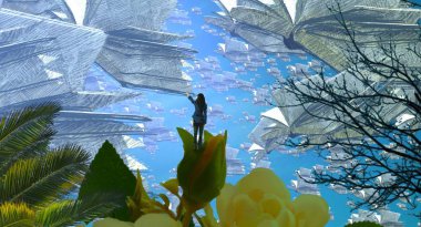 Soyut renkli arka plan, hayal gücü kavramı insan silueti.