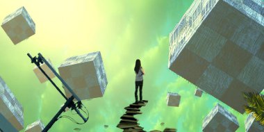 Soyut renkli arka plan, hayal gücü kavramı insan silueti.