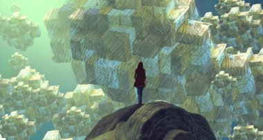 Soyut renkli arka plan, hayal gücü kavramı insan silueti.