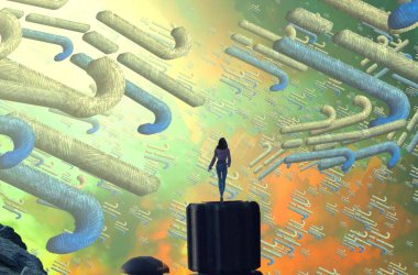 Soyut renkli arka plan, hayal gücü kavramı insan silueti.