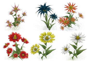 Beyaz arka planda suluboya çiçekler seti