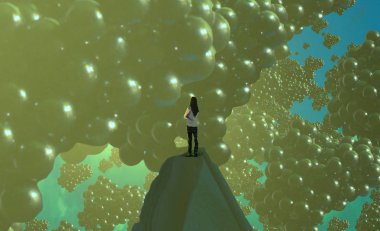 Soyut renkli arka plan, hayal gücü kavramı insan silueti.