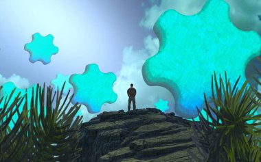 Soyut renkli arka plan, hayal gücü kavramı insan silueti.