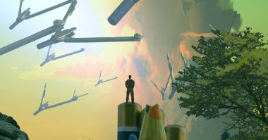 Soyut renkli arka plan, hayal gücü kavramı insan silueti.