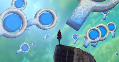 Soyut renkli arka plan, hayal gücü kavramı insan silueti.