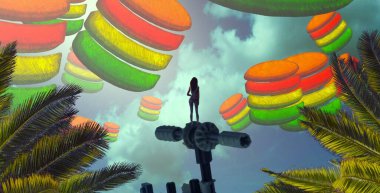 Soyut renkli arka plan, hayal gücü kavramı insan silueti.