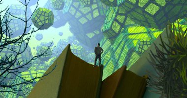 Soyut renkli arka plan, hayal gücü kavramı insan silueti.